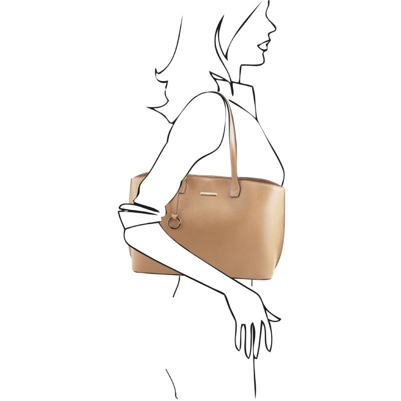 Γυναικεία Τσάντα Ώμου Δερμάτινη TL141828 - Σαμπανιζέ - Μέγεθος 