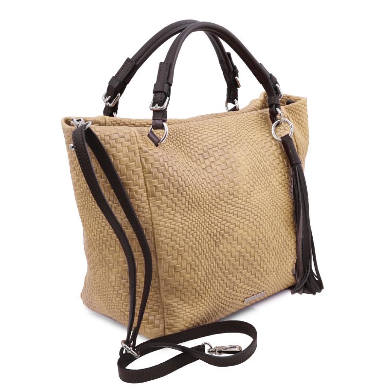 Γυναικεία τσάντα δερμάτινη - TL142066 - Μπεζ - Πλάγια όψη