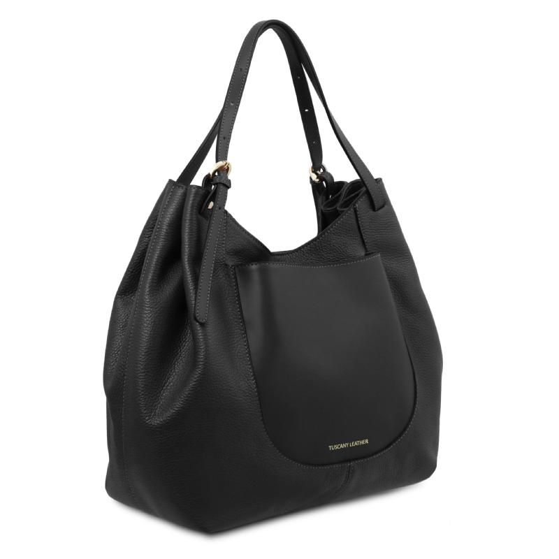 Γυναικεία τσάντα ώμου δερμάτινη - Cinzia - TL142144 - Μαύρο - Πλάγια όψη